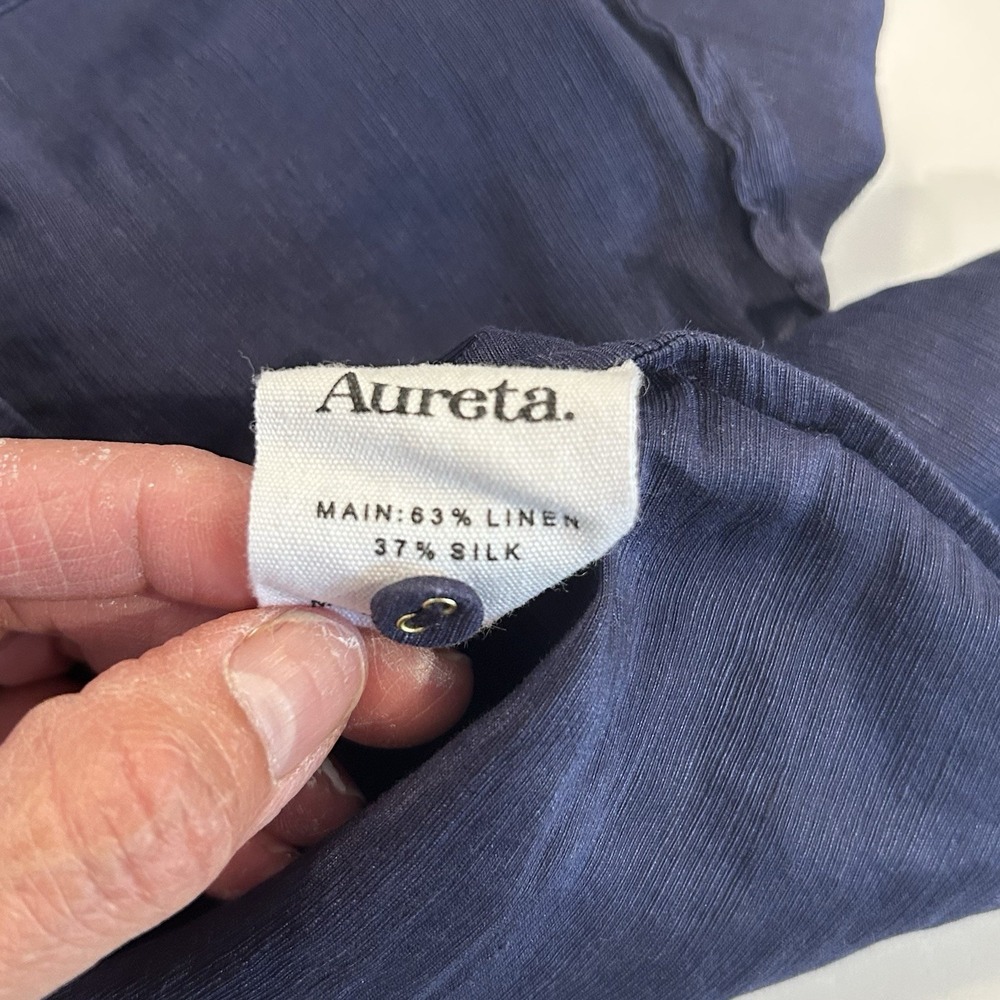 Aureta Studio Stella Blouse S Navy Blue Linen Silk Puff Sleeves Top Luxury Drama - Picture 8 of 13